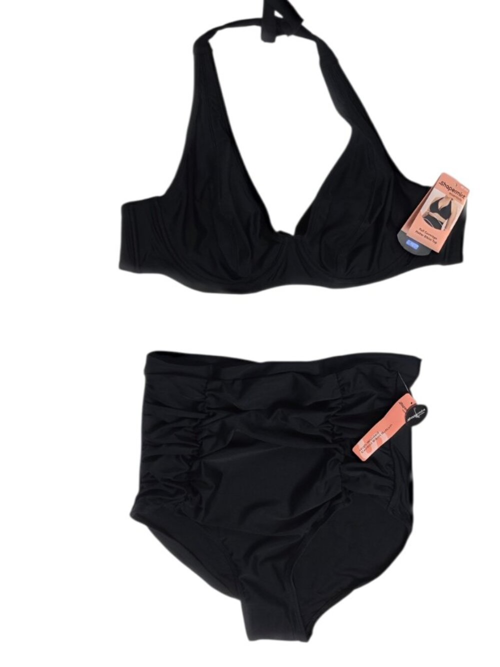Shapermint Full Coverage Halter Bikini Top/High Waist Control Bottoms, Black, XL
